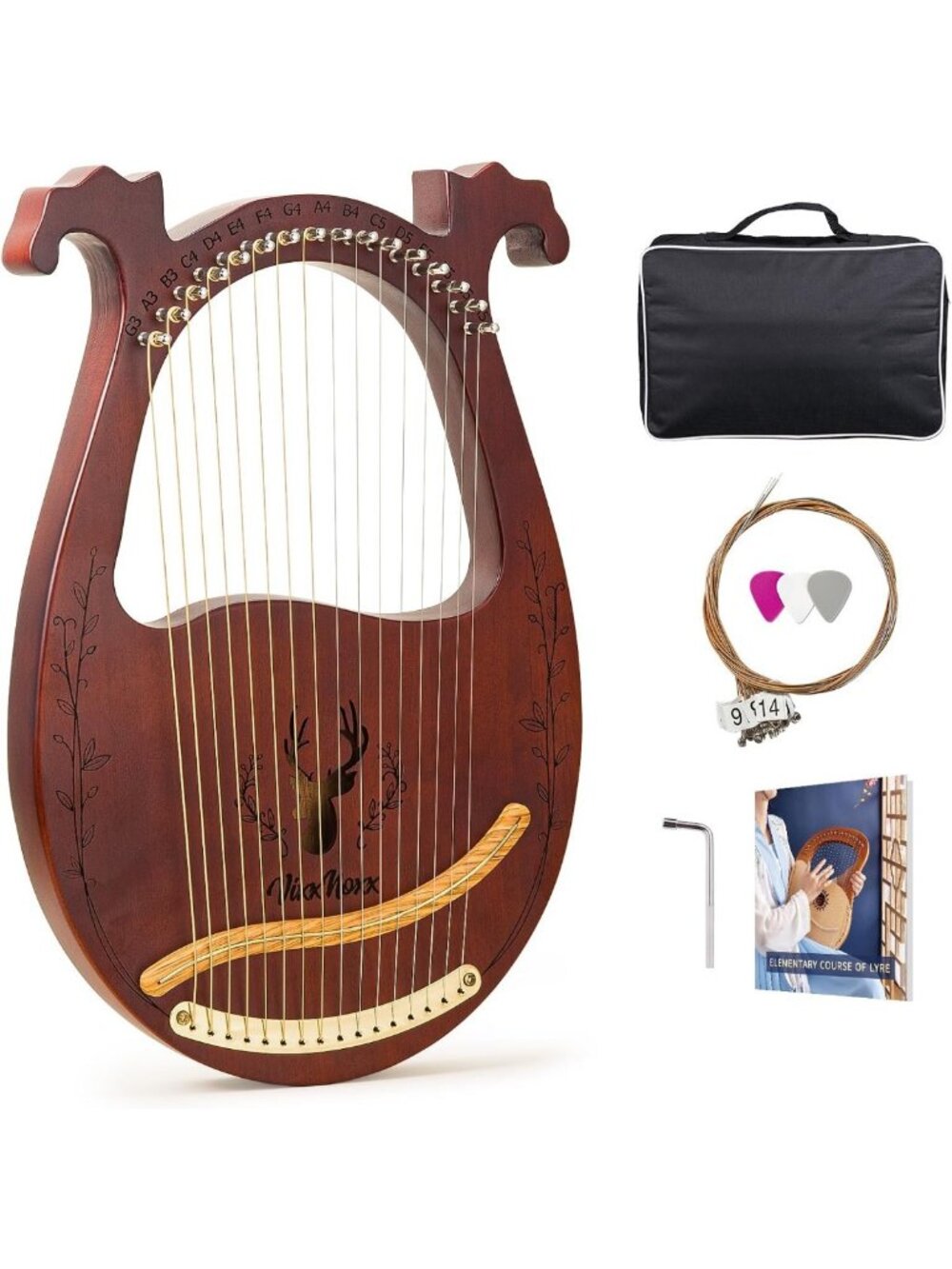 16-String Mahogany Lyre Harp Kit for Beginners & Adults - Perfect for Music